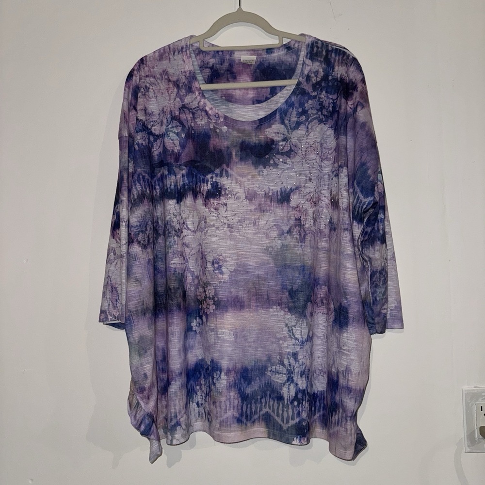 Time and Tru Women's XXXL Purple Tie Dye Like Floral Knit Top Blouse 3/4 Sleeve